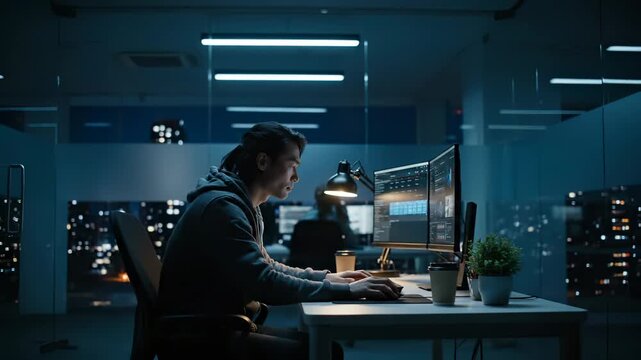 Programmer works at computer coding software in night office. Man develops code on dual monitor with programming interface. Developer coding at night desk. Programmer types code at computer.