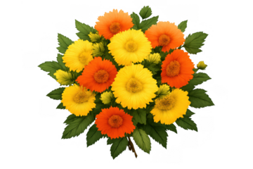 Yellow and orange flower bouquet featuring vibrant summer blossoms and green leaves, transparent background