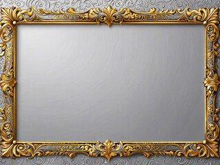 Grey background with ornate golden frame. Mockup for greeting cards. Copy space
