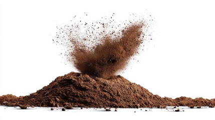 Falling soil creates a realistic effect as it drops in an isolated setting on a white background captured in high quality