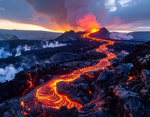 Fiery lava river flowing from erupting volcano under a dramatic sky