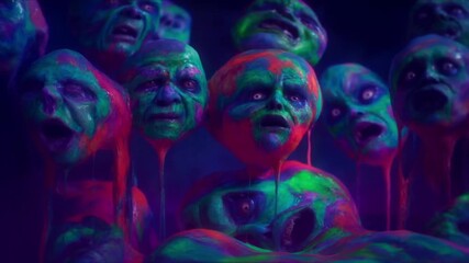 Surreal impressionist painting of zombie faces melting other, morphing expressions, dripping paint textures, neon dark tones, animated digital manipulation, Halloween horror theme, eerie cinematic 4k