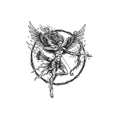 Powerful dark fantasy engraving of a winged celestial archer spirit, depicted in full motion while drawing a mystical bow within a circular frame.