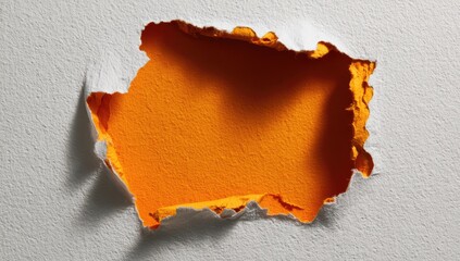 Ripped hole in white surface, orange interior