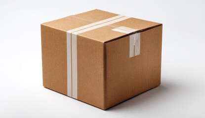 Crisp Brown Cardboard Box Sealed with White Tape, Isolated on Bright White for Packaging and Delivery.