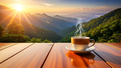 Coffee cup on wooden table with sunrise mountain landscape