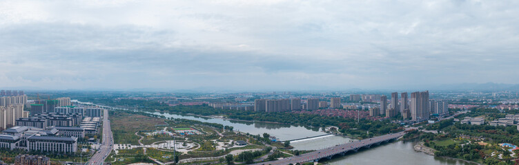 China Linqu urban architecture and river landscape