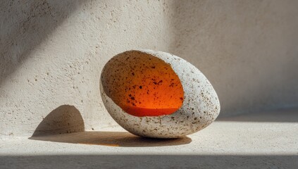 A cracked egg on a light beige surface