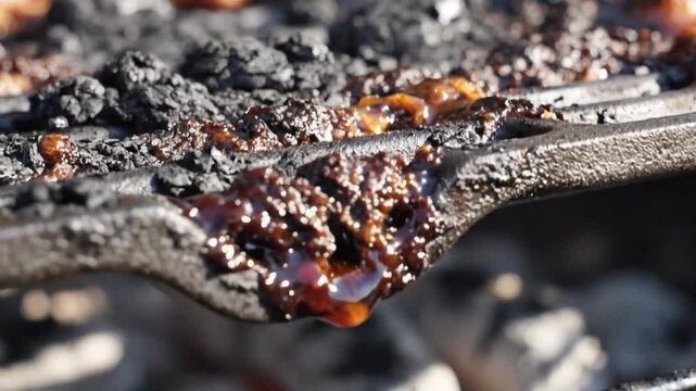 P400-Close-up of a dirty grill grate showing the buildup of food and grease. 4K 10s