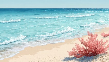 Coastal beach scene, tranquil waves