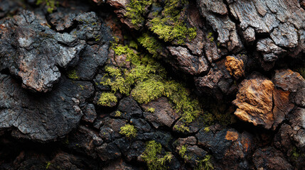 Dark cracked tree bark with green moss natural decay forest texture moody background creative use