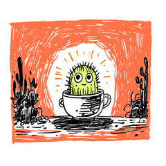Cactus Character Enjoying a Drink at Sunset