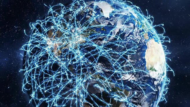 Global Network: The digital world comes alive as a vibrant network of interconnected lines, encompassing the planet, signifying seamless global connectivity and information flow.