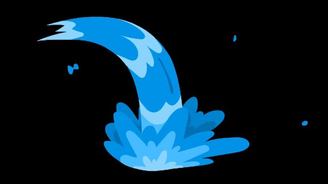 Stylized water splash animation with curved flowing stream and dynamic droplets isolated on black background, ideal for effects, transitions, and motion graphics