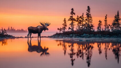Majestic moose at sunrise over tranquil lake