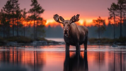 Moose at sunset by a lake