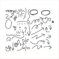 Collection of hand drawn doodle elements including arrows hearts and abstract shapes