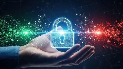 Cybersecurity and privacy concepts to protect data and encryption, secure internet network security technology. Hand protecting personal data by Lock icon of cyber security