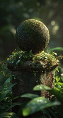 A weathered stone sphere atop a mossy pillar in a lush jungle setting