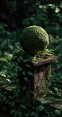 Moss-covered sphere on weathered wooden post amidst lush foliage