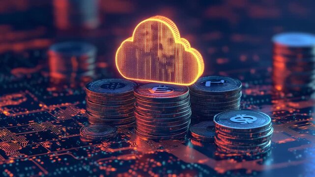 Cloud technology and cryptocurrency coins are shown stacked in a digital environment representing modern finance
