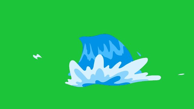 Cartoon style water splash animation with dynamic fluid motion isolated on green screen, perfect for compositing, effects, transitions, and creative scenes
