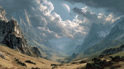 Fantasy landscape with mountains and pink sky during dusk in a high-quality setting