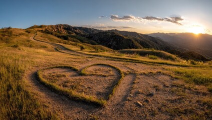 Heart-shaped path at sunset