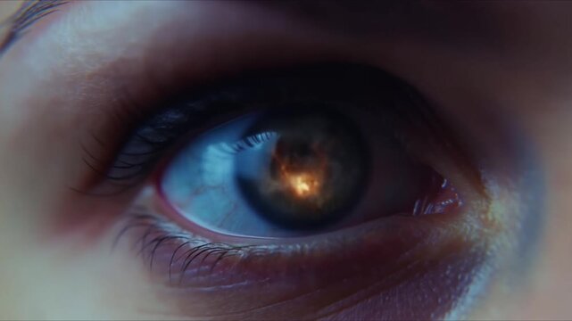 A woman&rsquo;s eye suddenly fills frame subtly morphs, surreal distortions reflections smoke, fire, abstract shapes iris. gaze intense, frozen, terrified. dark and out-of-focus, subtle glitch slow-motion
