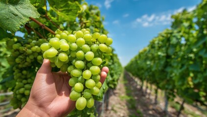 Close-up of Hand Holding Vibrant Green Grapes in Sunny Vineyard Rows.