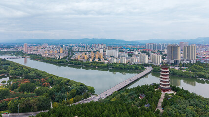 China Linqu urban architecture and river landscape