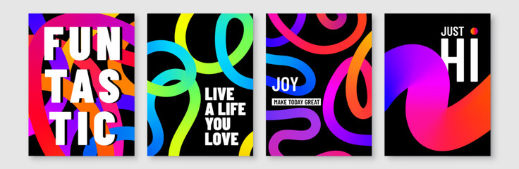 Color lines vector background set. Abstract posters with colorful liquid gradient lines and motivational fun typography on black backdrop. Modern art, energy, vibrant design, party, and inspiration