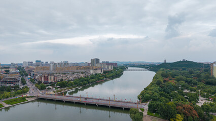 China Linqu urban architecture and river landscape