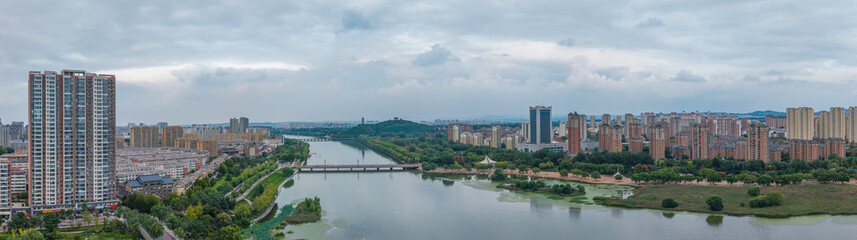 China Linqu urban architecture and river landscape