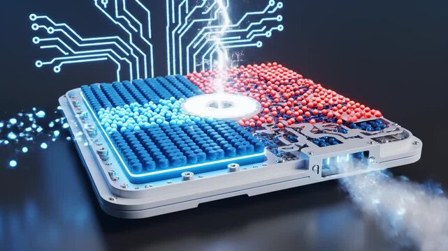 Data Processing With Red and Blue Spheres Being Zapped by Lightning