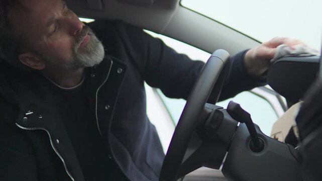 A handsome middleaged man cleans the dashboard of his car with a cloth - view from the passenger seat