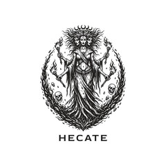Intricate dark fantasy engraving of the goddess Hecate with three faces, holding torches and surrounded by mystical flames and scattered skulls in an ethereal emblem.