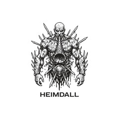 Grim dark fantasy engraving of Heimdall, the Norse gatekeeper, depicted as a muscular warrior with runes, spikes, and blowing the Gjallarhorn amidst swords.