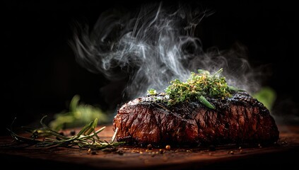 Sizzling steak on a wooden board