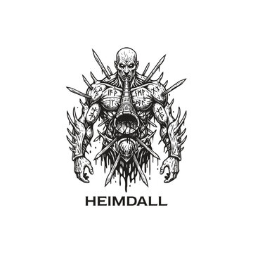 Grim dark fantasy engraving of Heimdall, the Norse gatekeeper, depicted as a muscular warrior with runes, spikes, and blowing the Gjallarhorn amidst swords.