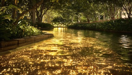 Golden water garden at night