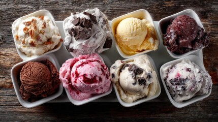 A tempting variety of ice creams in vibrant bowls invite you to indulge in sweet flavors. Each scoop showcases rich textures and colors, perfect for warm weather enjoyment