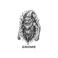Grim dark fantasy engraving of a wicked gnome spirit with a pointed cap and long beard, surrounded by mystical dark energy and dripping ethereal fluid.