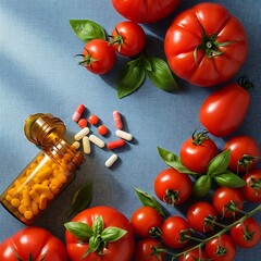 Vibrant red tomatoes and assorted nutritional supplements are arranged on a textured blue surface