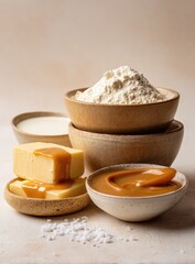 Beige bowls of baking ingredients