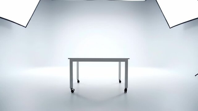 Table in Studio : A modern minimalist table stands under bright lights in a professional studio setting, creating a clean and uncluttered space ideal for product photography and presentations.