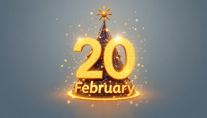 Golden 20th February celebration with sparkling party hat