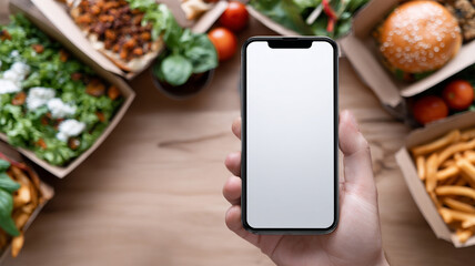 Phone with green screen on a wooden table with take out food on the background. Burger and fries, sushi food in take-away containers. Mock up mobile. Take-away food, online shopping concept.