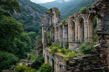 Naklejka premium Majestic stone arches of an ancient ruin nestled in a green valley