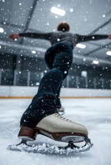 Figure skater performing spin on indoor ice rink with snowfall